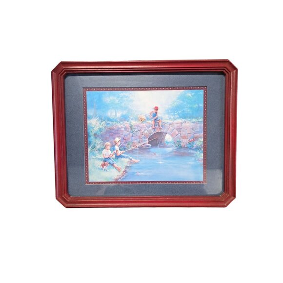 Vintage Framed Fishing Boys & Dog Artwork Picture - Picture 1 of 10